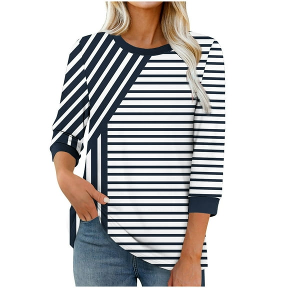 RongHuan Striped Shirts for Women Lightweight 3/4 Sleeve Crewneck Tunic T-Shirt Casual Blouses Striped T Shirts