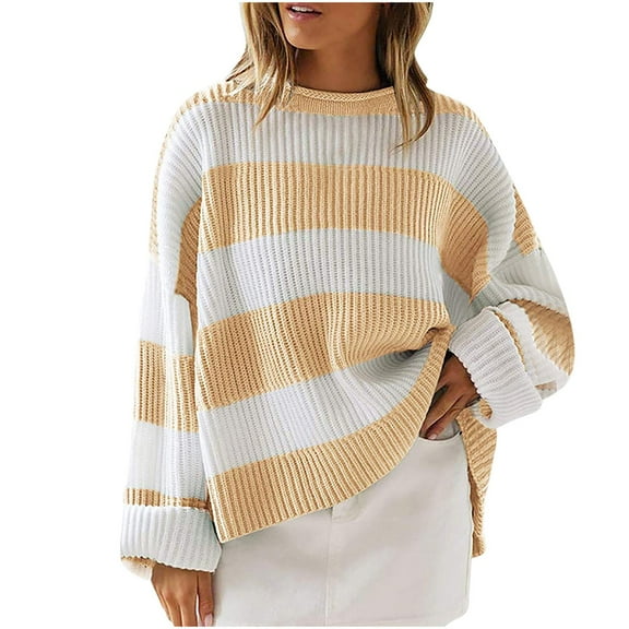 RongHuan Striped Sweaters for Women Bell Sleeve Scoop Sweater Pullover Loose Fit Color Block Knit Tops Warm Comfy Knitted Blouse Outfits