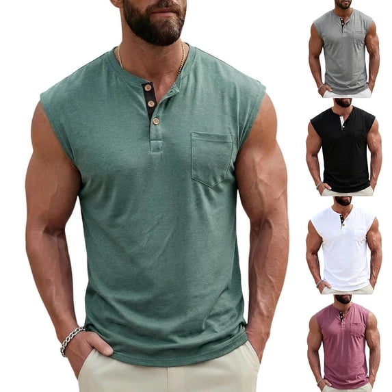 RongHuan Summer Tank Tops Men Vintage Sleeveless Henley Shirts Lightweight Button Up Gym Workout Tee Beach Casual Top