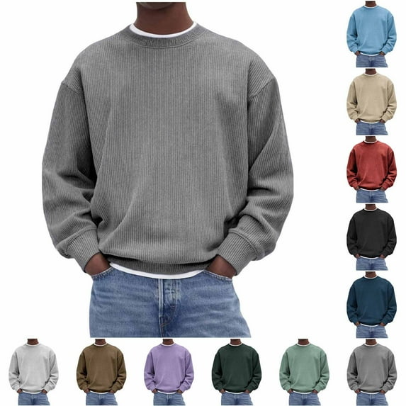 RongHuan Sweatshirt for Men Big and Tall Crewneck Corduroy T-Shirt Casual Long Sleeve Pullover Tops Soild Color Athletic Shirts