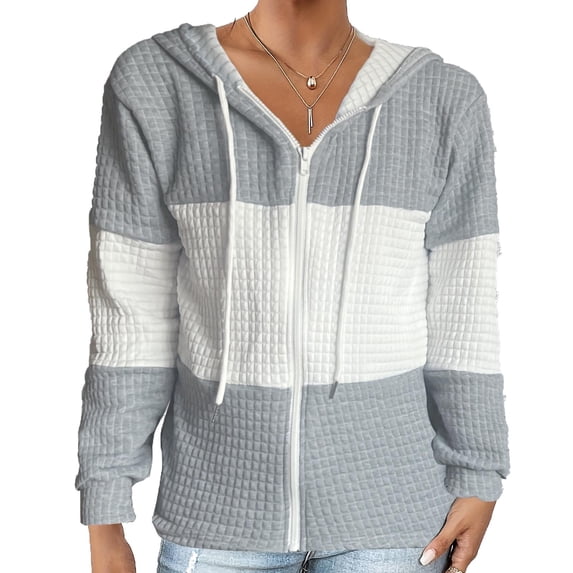 RongHuan Sweatshirt for Women Color Block Drawstring Lightweight Hoodies Zip Up Long Sleeve Jackets