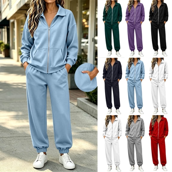 RongHuan Sweatsuits Women 2 Piece Outfit Track Suit Zip Up Lapel Sweatshirt Baggy Sweatpants Fall Winter Track Suits