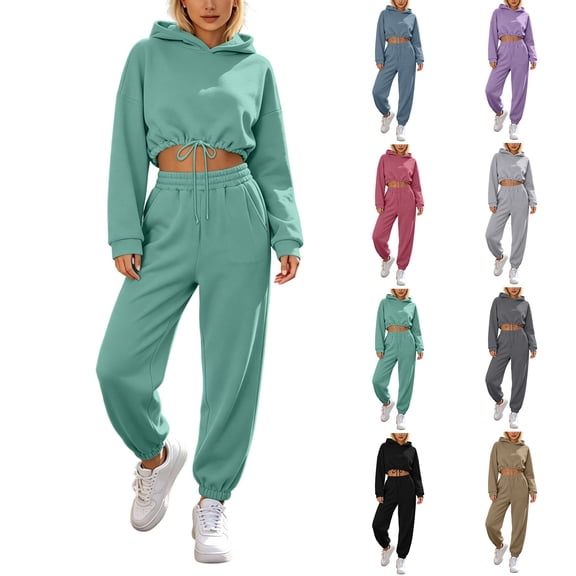 RongHuan Sweatsuits for Women Trendy Cropped Hoodie with Drawstring Casual Athletic Pants 2 Piece Outfit Track Suits