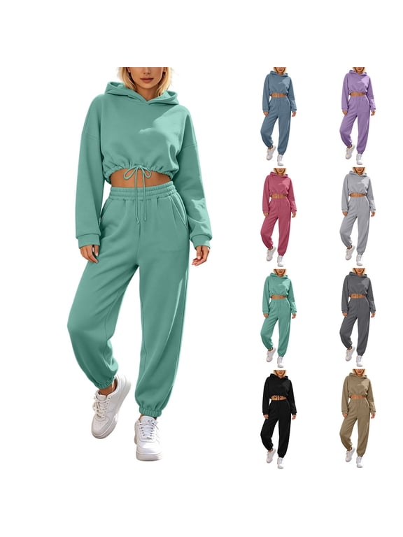 Sweatsuits for Women Trendy Cropped Hoodie with Drawstring Casual Athletic Pants 2 Piece Outfit Track Suits