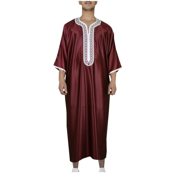 RongHuan Thobes for Men Half Sleeve Muslim Outfits Embroidered Casual Nightgowns V Neck Patchwork Robe