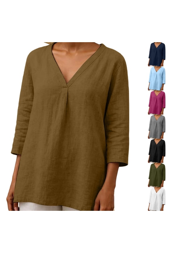 Tops for Women Summer Gauze Shirts 3/4 Sleeve V Neck Blouses Dressy Casual Tunic Loose Vacation Tshirt