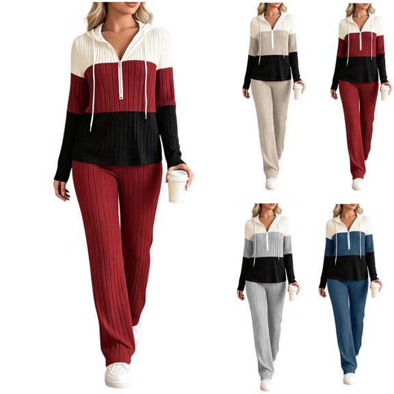 RongHuan Tracksuits for Womens Ribbed Knit Color Block Half Zip Hoodie Straight Leg Sweatpants Fall Winter Outfits