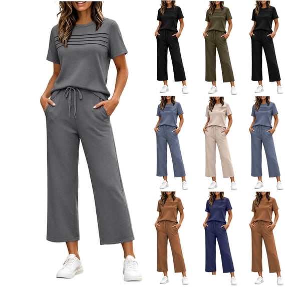 RongHuan Two Piece Sets for Women Trendy Round Neck Tops Wide Leg Sweatpants Summer Travel Vacation Outfits