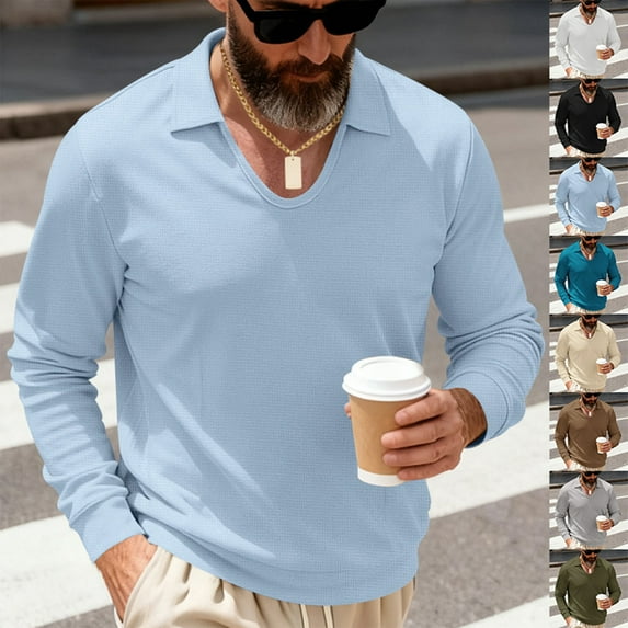RongHuan Waffle Shirts for Men Stylish V Neck Textured Tops Classic Fit Long Sleeve Tshirt Solid Color Shirt