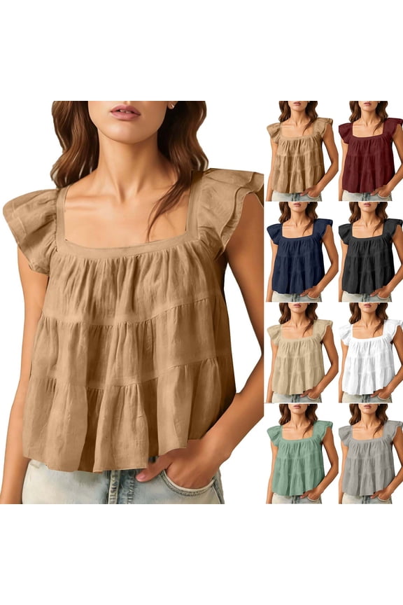 Women Summer Cotton Linen Tank Top Peplum Blouse Casual Ruffle Sleeve Square Neck Pleated A Line Tiered Shirts