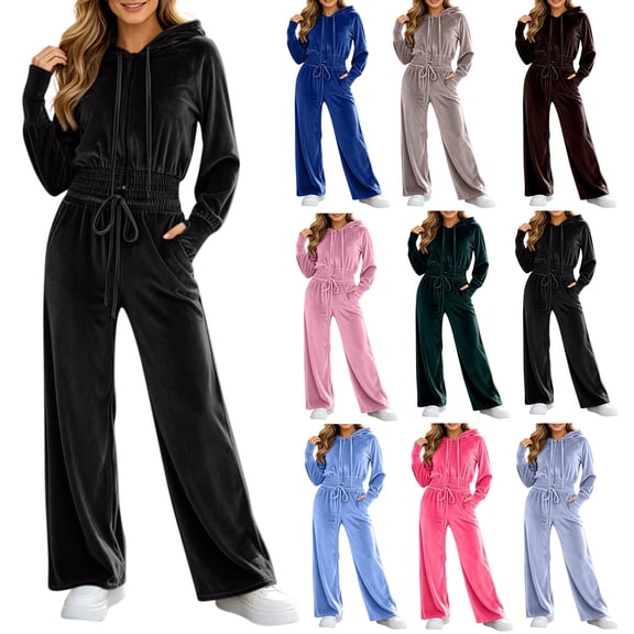 RongHuan Women Sweatsuits Set Velvet 2 Piece Tracksuit Trendy Long Sleeve Cropped Hoodie and Sweatpants with Drawstring