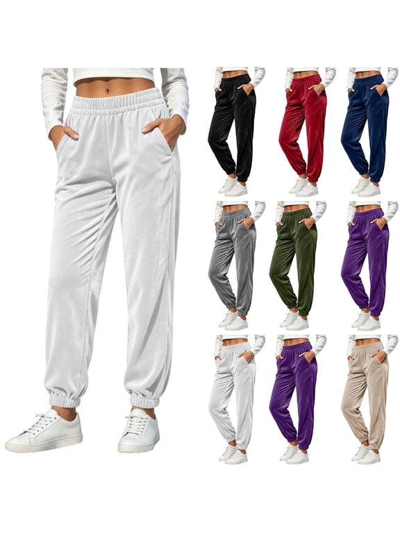 Women Velvet Jogger Pants Elastic High Waist Warm Casual Trousers Regular Fit Tapered Pants Casual Winter Street Outfits