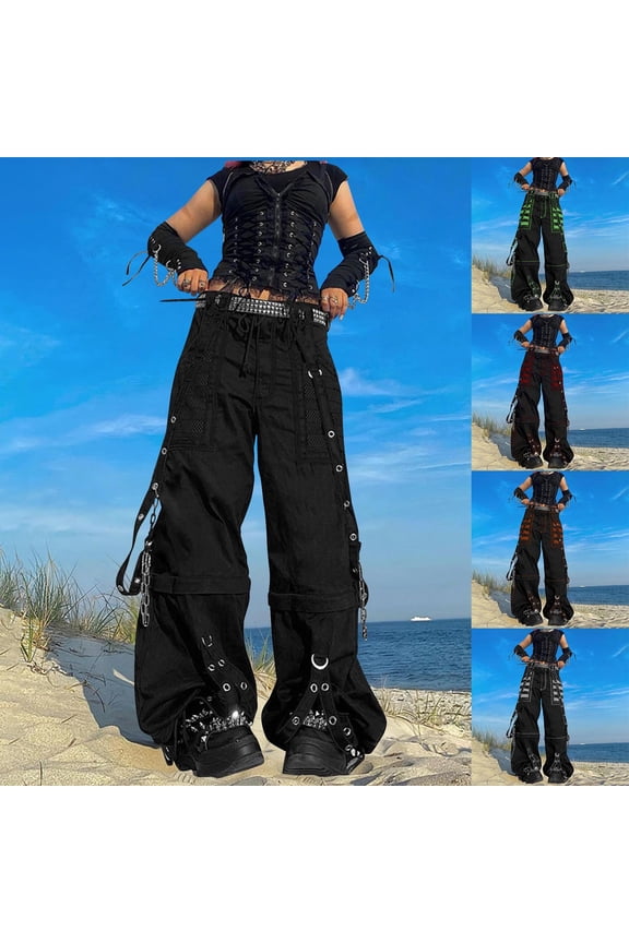 Women Vintage Goth Hip Hop Jeans Punk High Waisted Baggy Jeans Strap Chain Striped Wide Leg Denim Pants