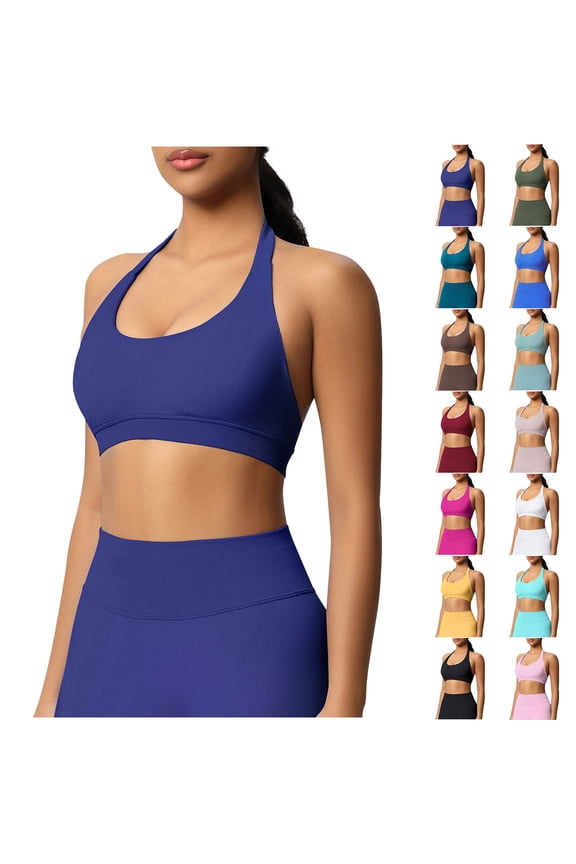 Women Workout Bras Medium Low Support Halter Sports Tank Top Seamless Open Back Gym Padded Yoga Crop Tops