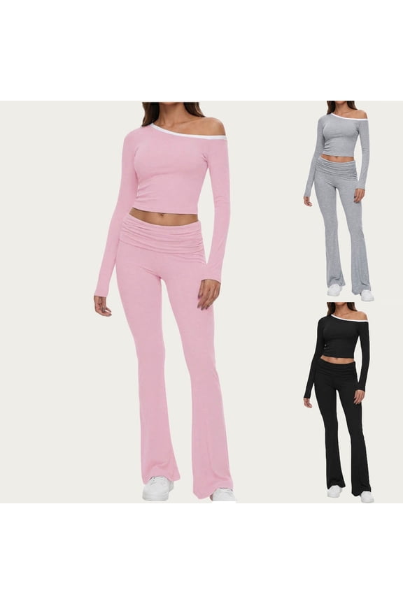 Women's 2 Piece Loungewear Casual Flare Pants Set Long Sleeve Cropped Top Casual Outfits Pajamas