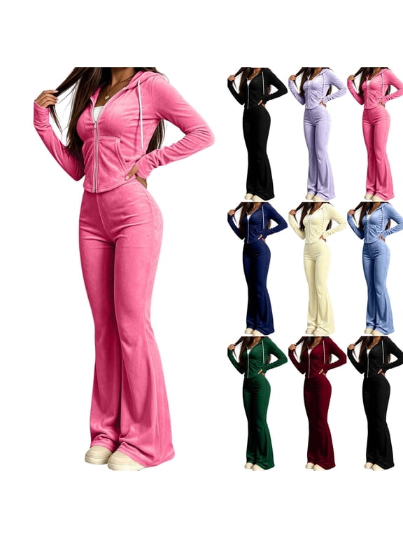 Women's 2 Piece Outfit Velour Zip Up Crop Jacket and Bell Bottoms Pants with Pocket Fall Winter Tracksuit Set Loungewear