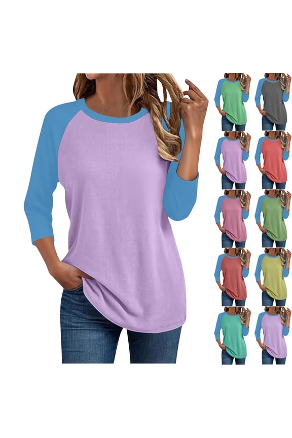 Women's 3/4 Sleeve Baseball Shirt Plus Size Color Block T-Shirt Crew Neck Blouse Tops