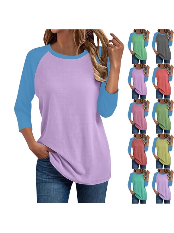 Women's 3/4 Sleeve Baseball Shirt Plus Size Color Block T-Shirt Crew Neck Blouse Tops