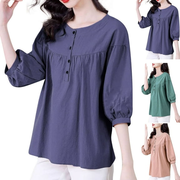 RongHuan Women's 3/4 Sleeve Shirts Plus Size Button Up Blouse Lightweight Cotton Linen T-Shirt Vintage Crew Neck Tees Tops