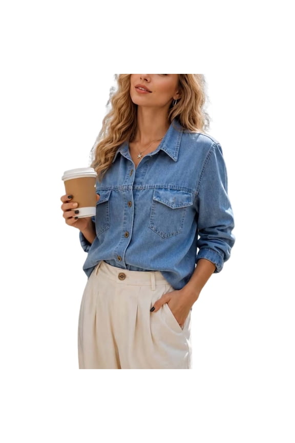 Women's Button Down Denim Shirt Chambray Long Sleeve Shirts for Women Casual Lightweight Jean Tops with Pockets