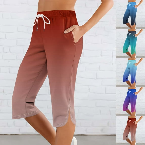 RongHuan Women's Capri Pants High Waisted Cropped Pants Fashion Drawstring Workout Pants Gradient Color Capris