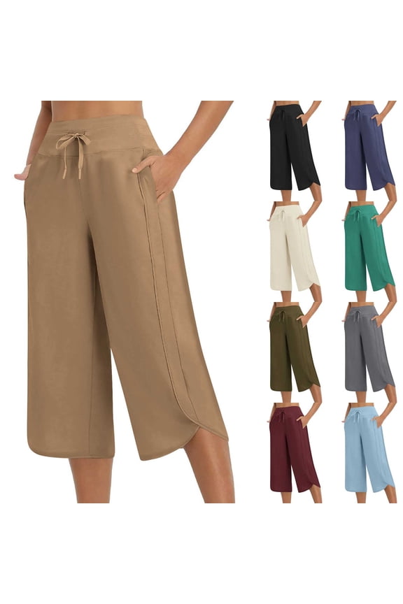 Women's Capri Pants Wide Leg Athletic Yoga Pants Summer Drawstring Capris Work Pants with Pockets