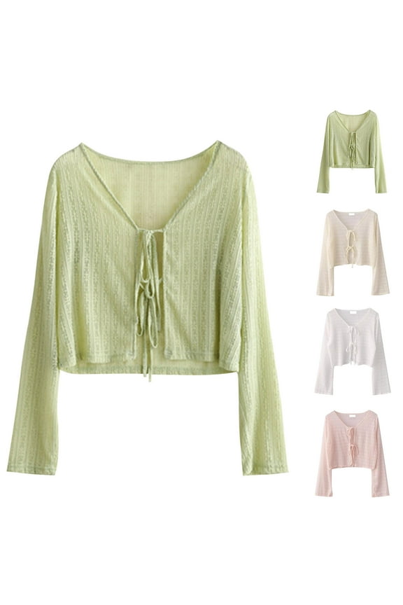 Women's Cardigan Casual V Neck Shirts Lightweight Long Sleeve Open Front Crop Top