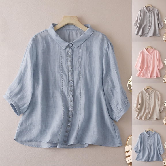 RongHuan Women's Cotton Linen Shirts Lightweight Button Down Blouses Vintage Lapel Tshirt Summer Short Sleeve Tops
