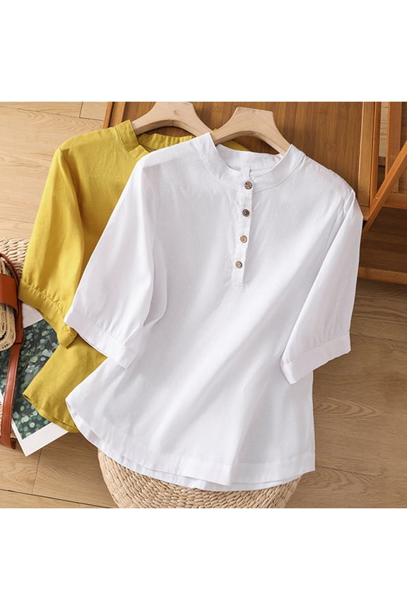 Women's Cotton Linen Shirts Plus Size Short Sleeve Crew Neck Blouse Spring Summer Button Front T-Shirt Classic Fit Henley Shirt