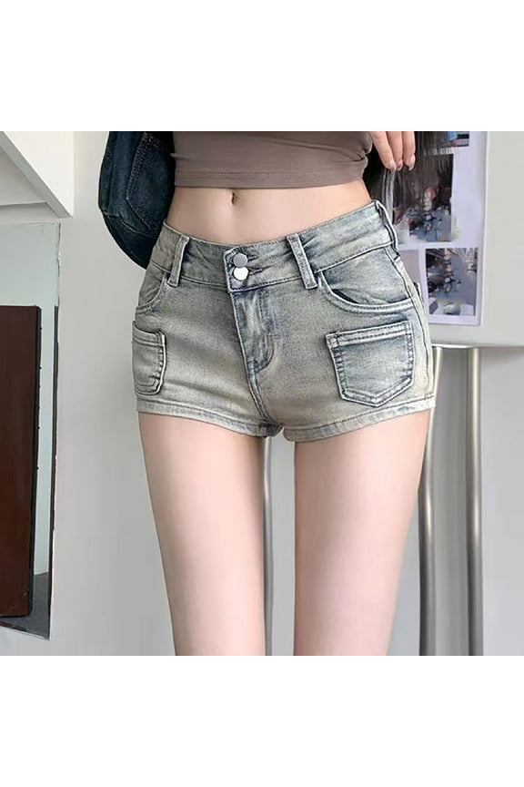 Women's Denim Shorts Distressed Button Up Jean Shorts Patchwork Short Pants Summer Shorts with Pockets