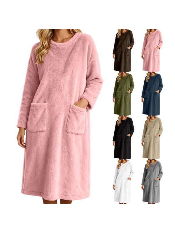 Women's Flannel Nightgown Long Sleeve Round Neck Fall Winter Solid Pajama Robe Pullover Nightshirt with Pockets