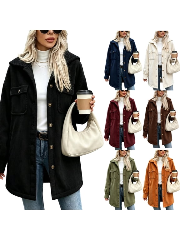 Women's Hooded Corduroy Jacket Button Down Shacket with Pockets Loose Fit Long Sleeve Coat Winter Outerwear