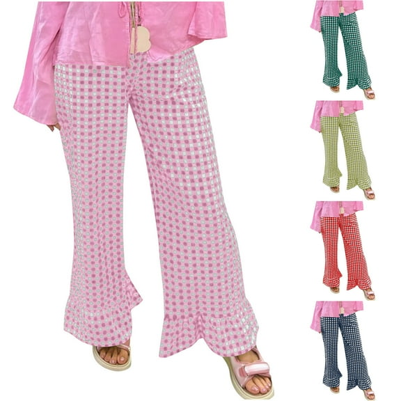 RongHuan Women's Plaid Pants Lightweight Loose Fit High Waist Pants Wide Leg Palazzo Pants Casual Flared Pants