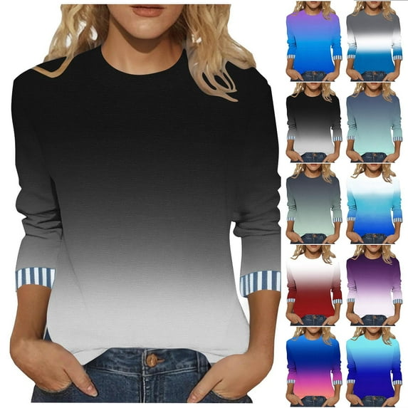 RongHuan Women's Plus Size Blouse Fashion Gradient Color Blouse Crew Neck 3/4 Sleeve Tshirt Casual Pullover Basic Tees