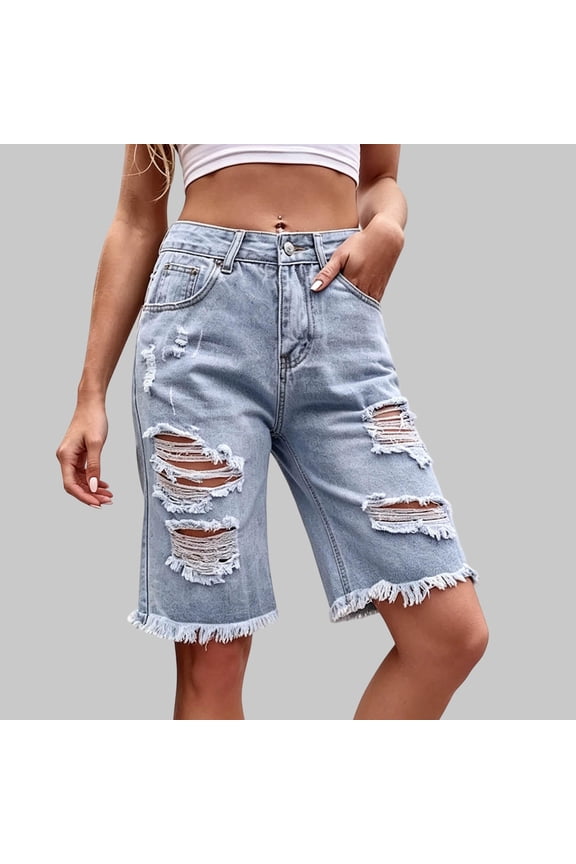 Women's Ripped Denim Destroyed High Waist Stretchy Bermuda Shorts Jeans Frayed Distressed Knee Length Shorts