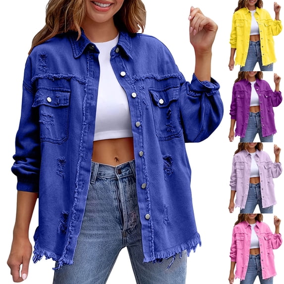 RongHuan Women's Ripped Distressed Denim Jacket Oversized Jean Jackets Casual Long Sleeve Button Down Outerwear Fall Coat with Pockets