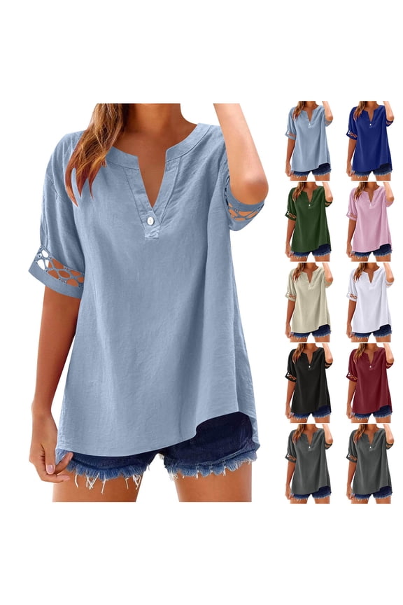 Women's Short Sleeve Shirts Button Down Cotton Linen Tops Spring Summer V Neck T-Shirt Casual Loose Fit Blouses
