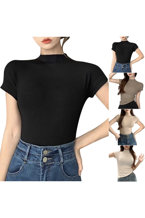 Women's Short Sleeved Tops Turtle Neck T-Shirt Slim Fit Summer Tees