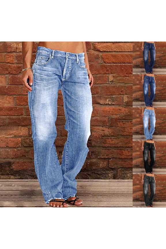Women's Stretchy Denim Pants Straight Leg Casual Mid Waist Jeans Wash Button Trendy Trousers