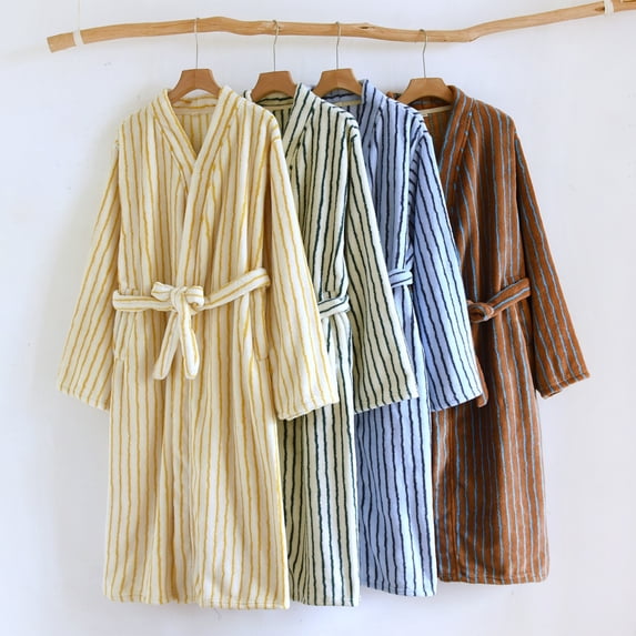 RongHuan Women's Striped Robe Long Soft Bathrobe Thick V Neck Loungewear Color Block Nightwear with Pockets