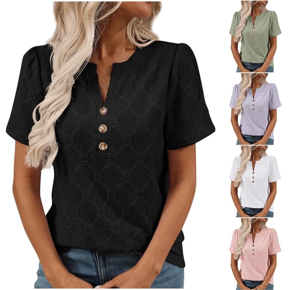 RongHuan Women's Summer Tshirt Casual V Neck Button Up Tops Loose Fit Short Sleeve Blouse