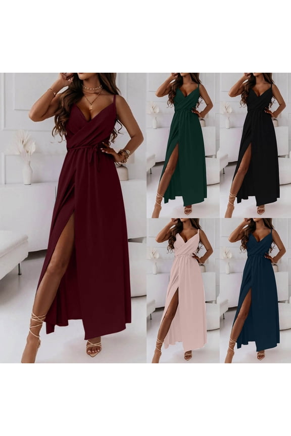 Women's Sundress Summer Beach Long Dress Casual Deep V Neck Dress High Slit Solid Color Dresses
