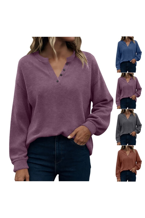 Women's V Neck Tops Casual Loose Fit Button Down Long Sleeve T Shirts Fashion Business Work Tee Solid Color Blouse