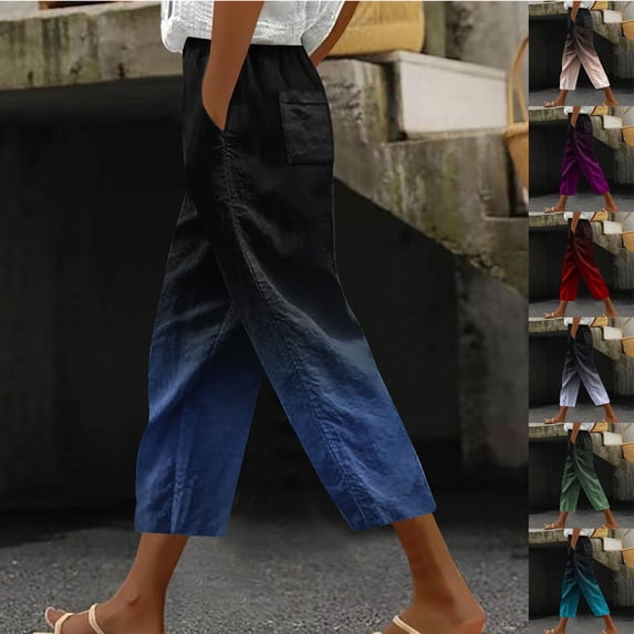 RongHuan Women's Wide Leg Capri Pants Casual Loose Harlan Pants Gradient Color Pants with Drawstring Summer Crop Pants