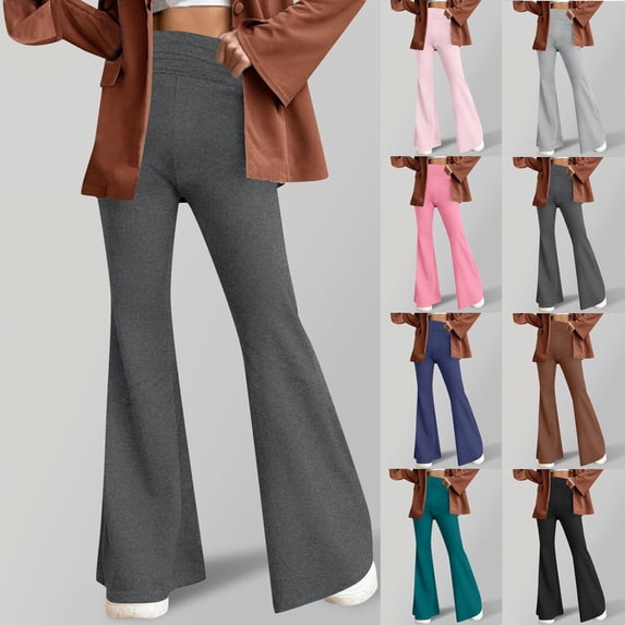 RongHuan Women's Yoga Pants Soft High Waisted Leggings Tummy Control Workout Pants Solid Color Wide Leg Pants