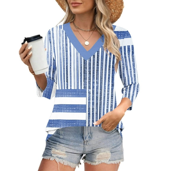 RongHuan Womens 3/4 Sleeve T-Shirt Casual V Neck Shirts Fashion Striped Tees Spring Summer Business Work Tops