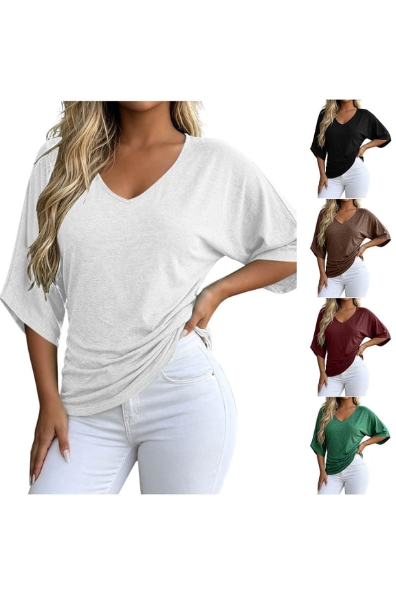 Womens 3/4 Sleeve Tops Dressy Casual Ruched Blouses Casual Solid T-Shirt V Neck Work Shirt