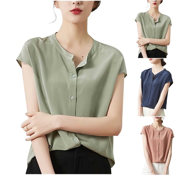 RongHuan Womens Casual Tops Short Sleeve Work Blouses V Neck Button Down Shirts Tees Soild Color Business Shirt