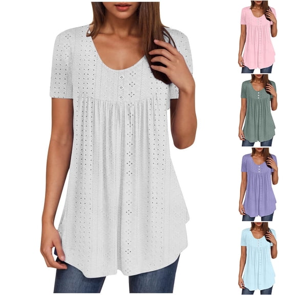 RongHuan Womens Casual Tunic Tops Short Sleeve Eyelet Embroidered T Shirts Crewneck Button Up Blouse