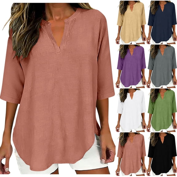 RongHuan Womens Cotton Linen Shirts Half Sleeve V Neck Blouses Casual Loose Fit Pullover Tops Spring Summer T-Shirt